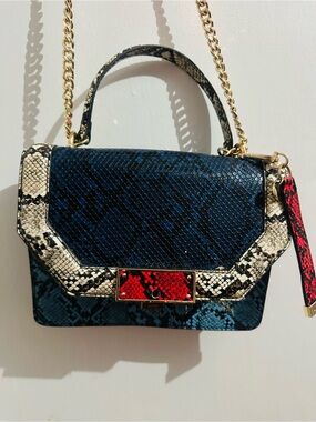 Aldo Blue Snake-Print Top Handle Satchel w/ Cream & Red Accents Designer Handbag